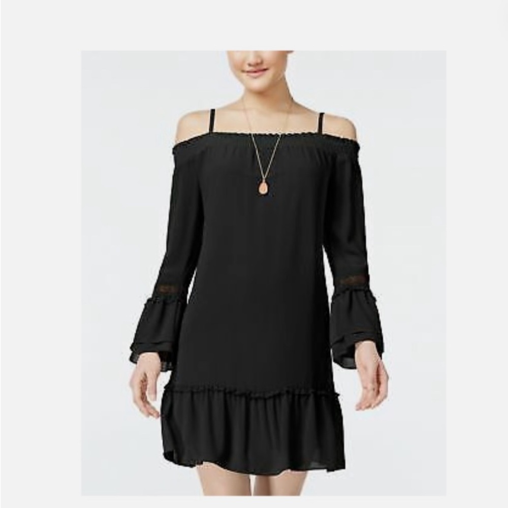 BCX black off the shoulder boho dress w Ruffle Lace accent NWT